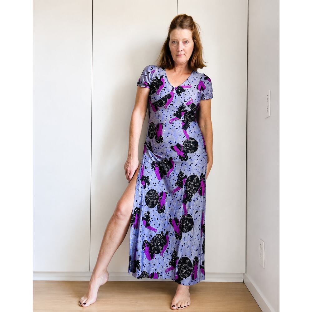 Vintage 70s Maxi Dress Sea Siren Print Purple Black Sexy Fit Side Slits Maxi - Picture 3 of 10